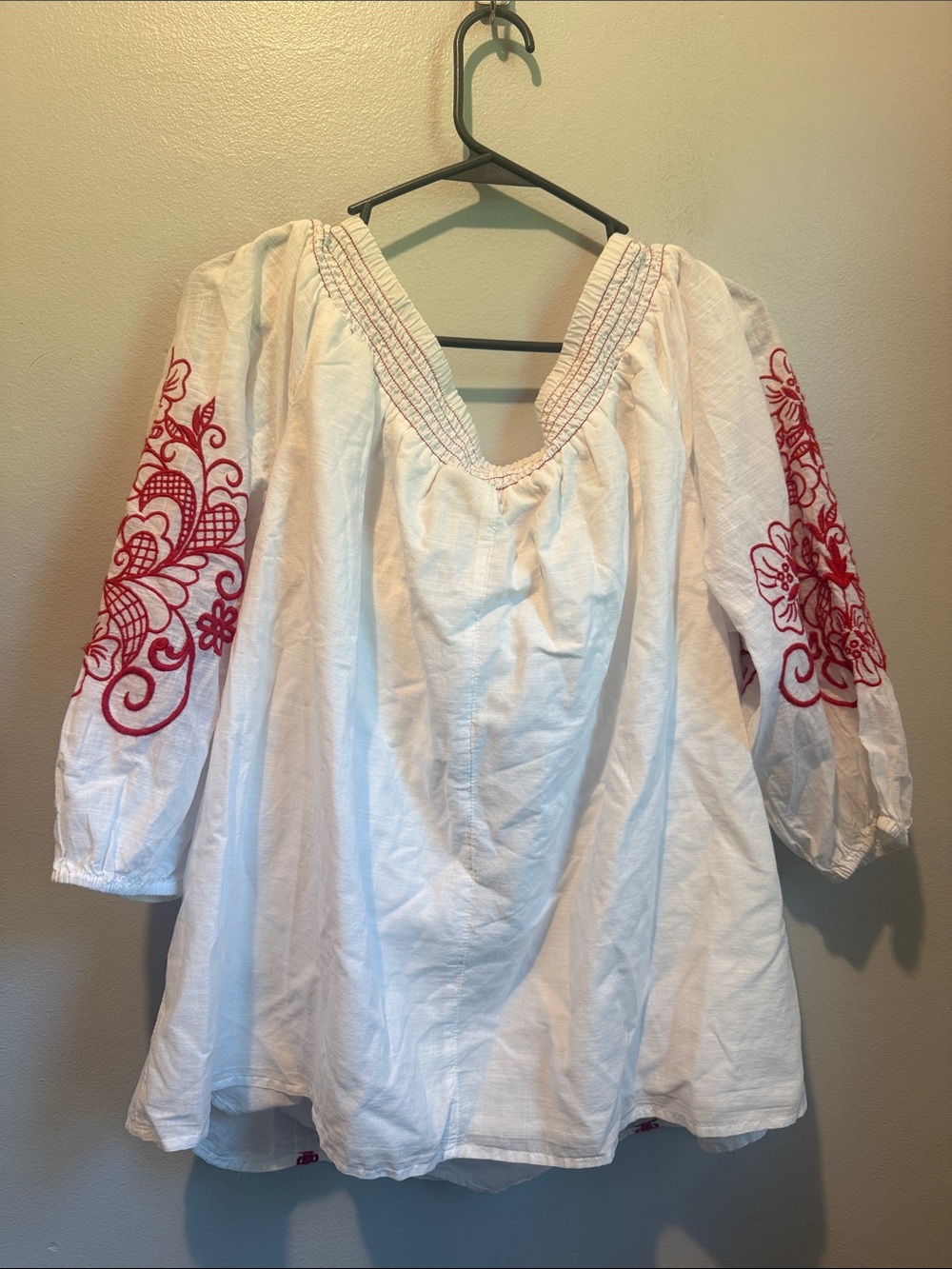 Lane Bryant 18 20 White Peasant Blouse with Red Embroidery - Picture 6 of 7